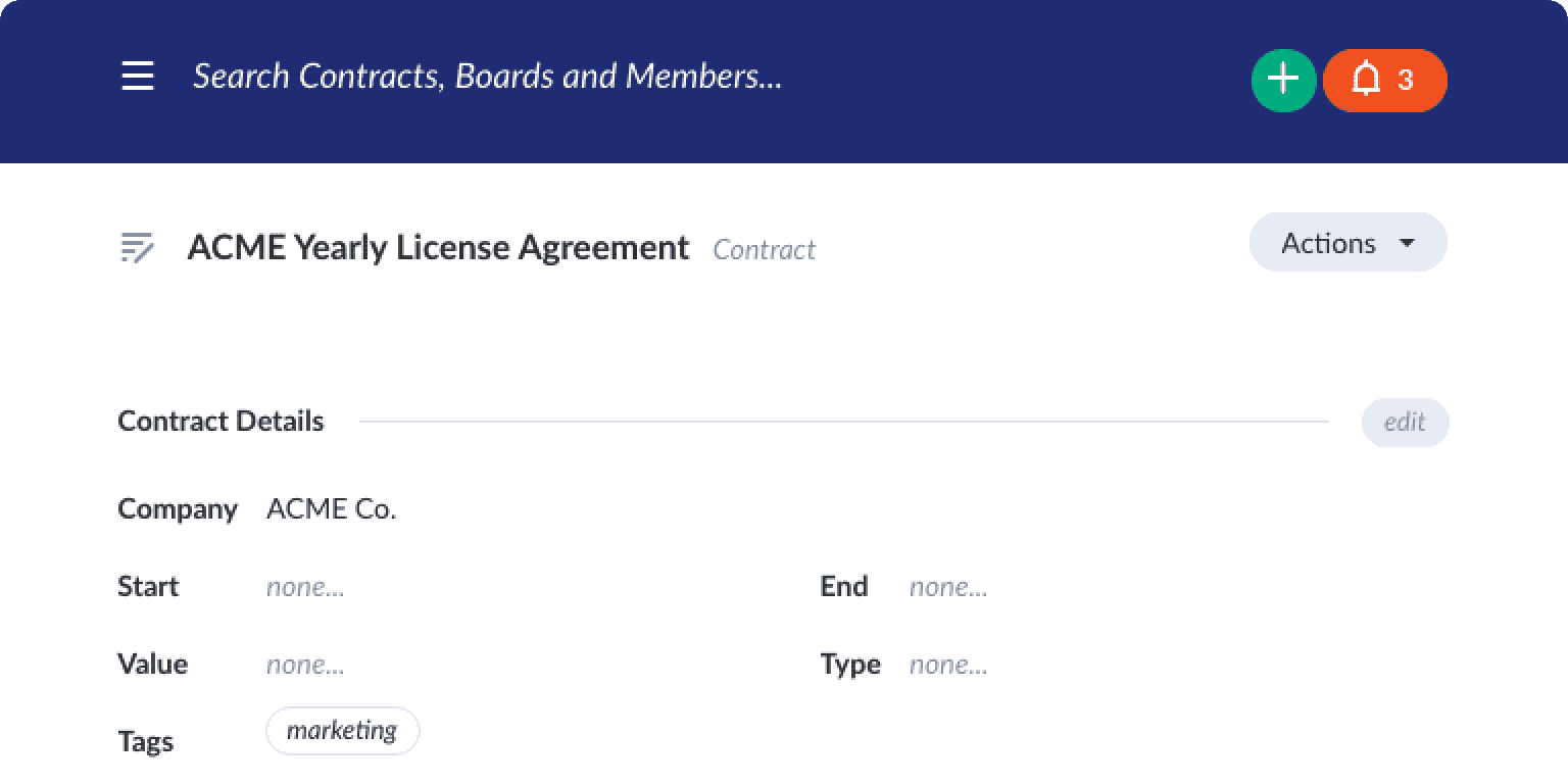 Screenshot of ContractHound App showing how to add contract fields
